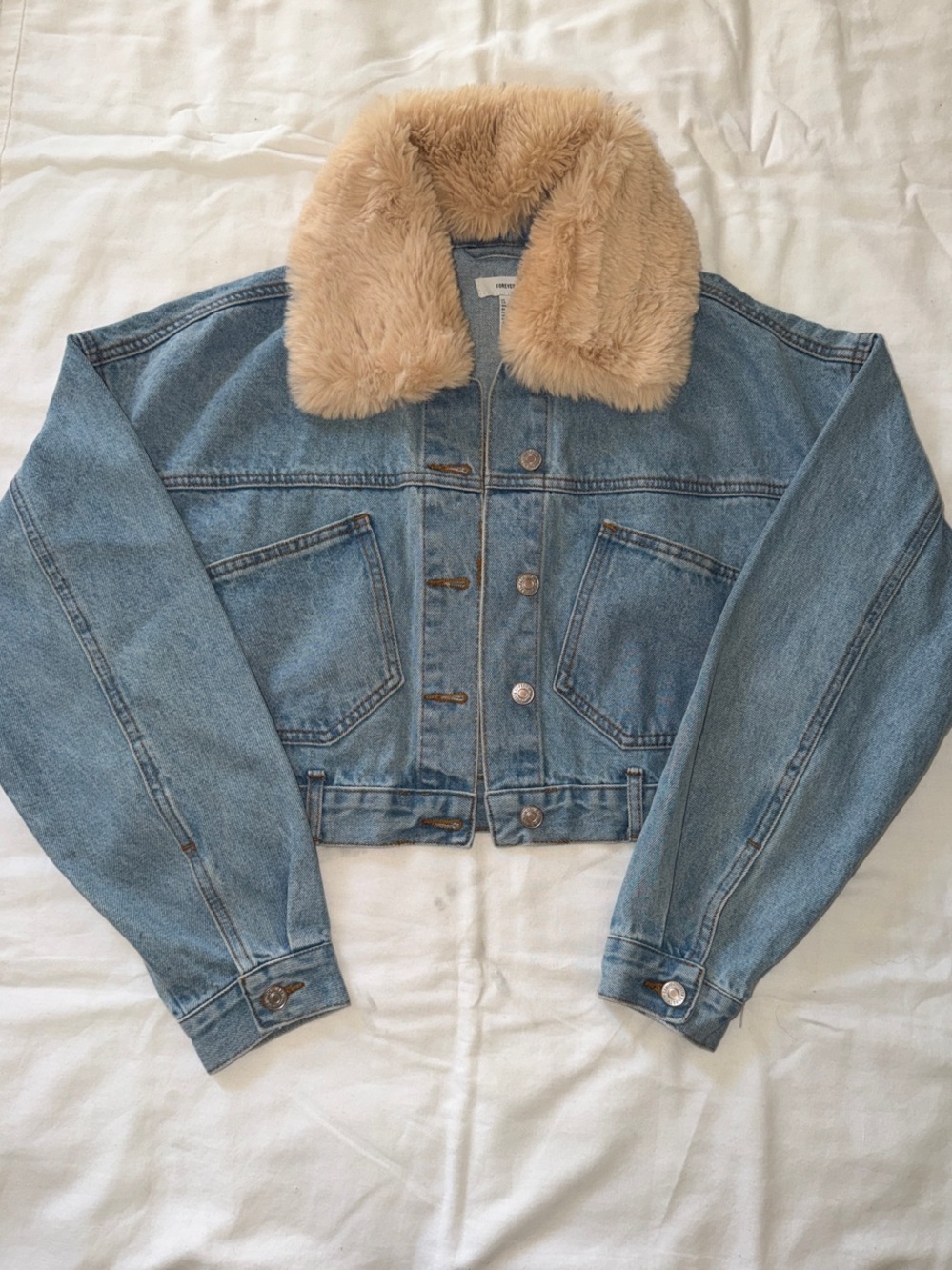 Forever 21 Light Blue Denim Jacket with Tan Faux Fur Collar